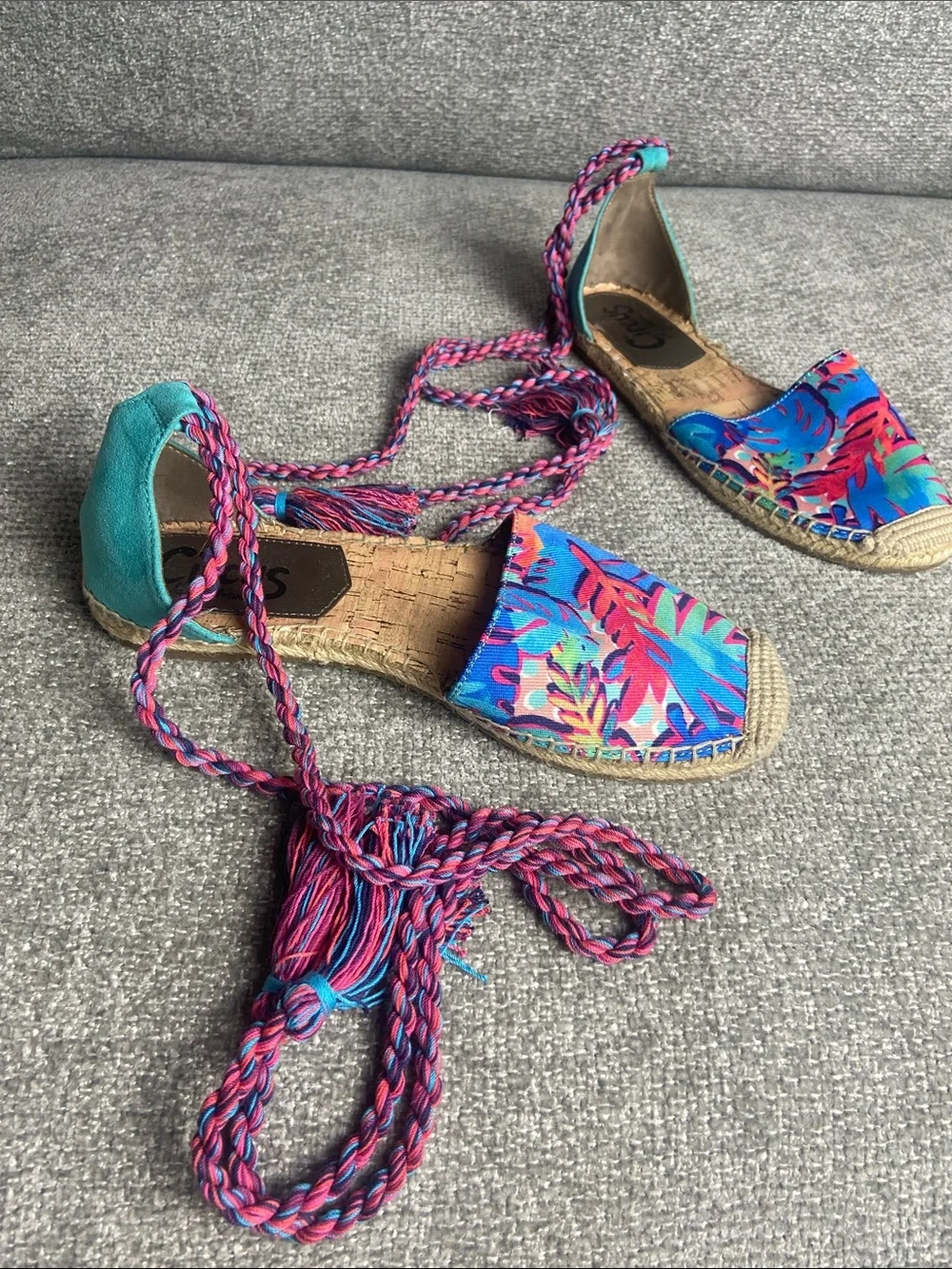 Sam Edelman Circus Bright Teal & Pink Braided Espadrille Wedges 8
